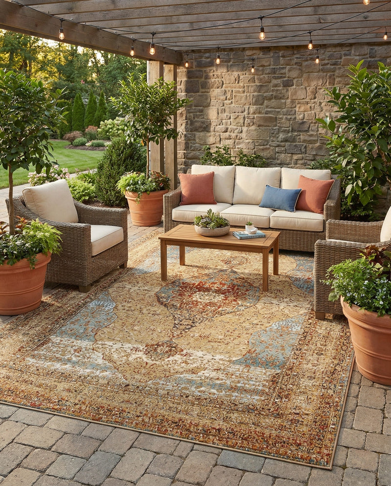 Patio Heritage Collection Area Rug -  Pergola Rectangle Blue and Light Brown  lifestyle 10