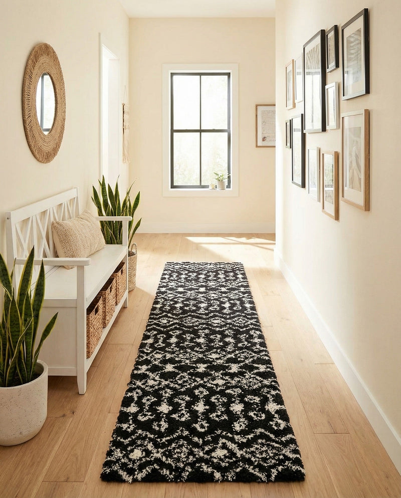 Berber Lattice Shag Collection Area Rug - Atlas (Black and White) Runner Black and White  lifestyle 27