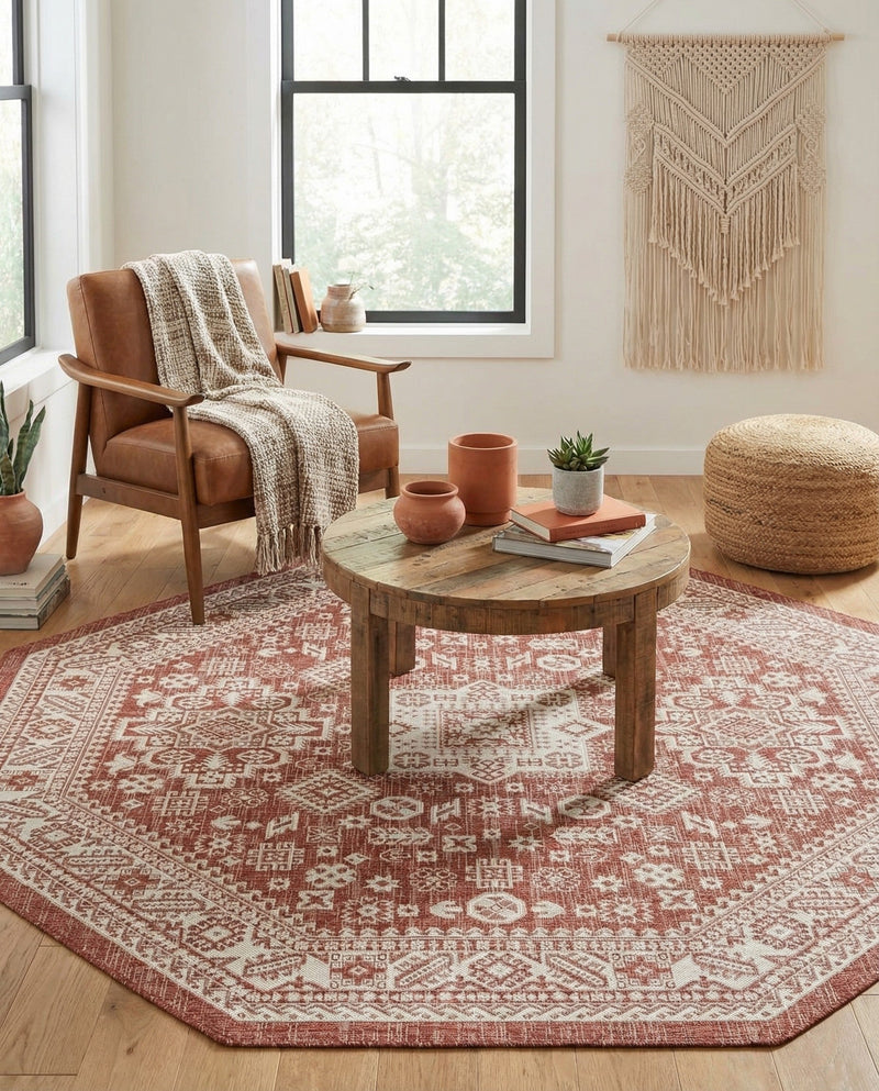 Tribal Terrace Treasures Collection Area Rug -  Incan Isle (Rust Red) Octagon Rust Red  lifestyle 34