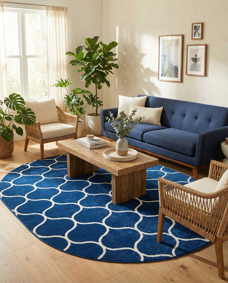 Trellis Mosaic Collection Area Rug -  Pergolatown (Navy Blue) Oval Navy Blue  lifestyle 46