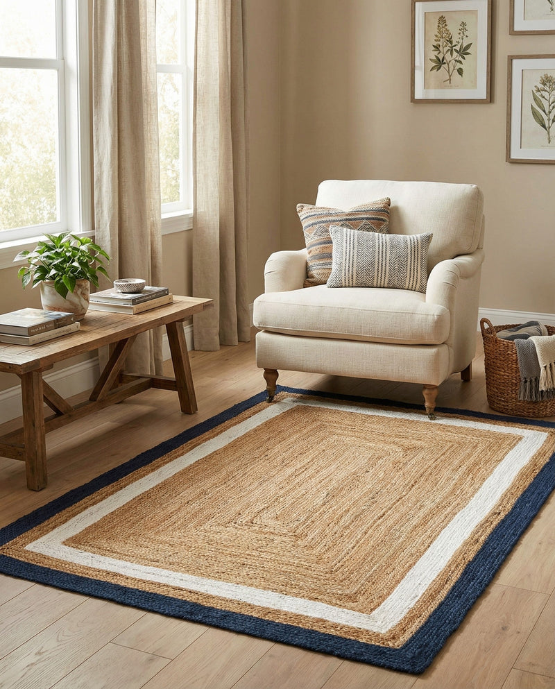 Woven Seaside Jute Collection Area Rug - Nantucket Rectangle Navy Blue White Natural  lifestyle 34