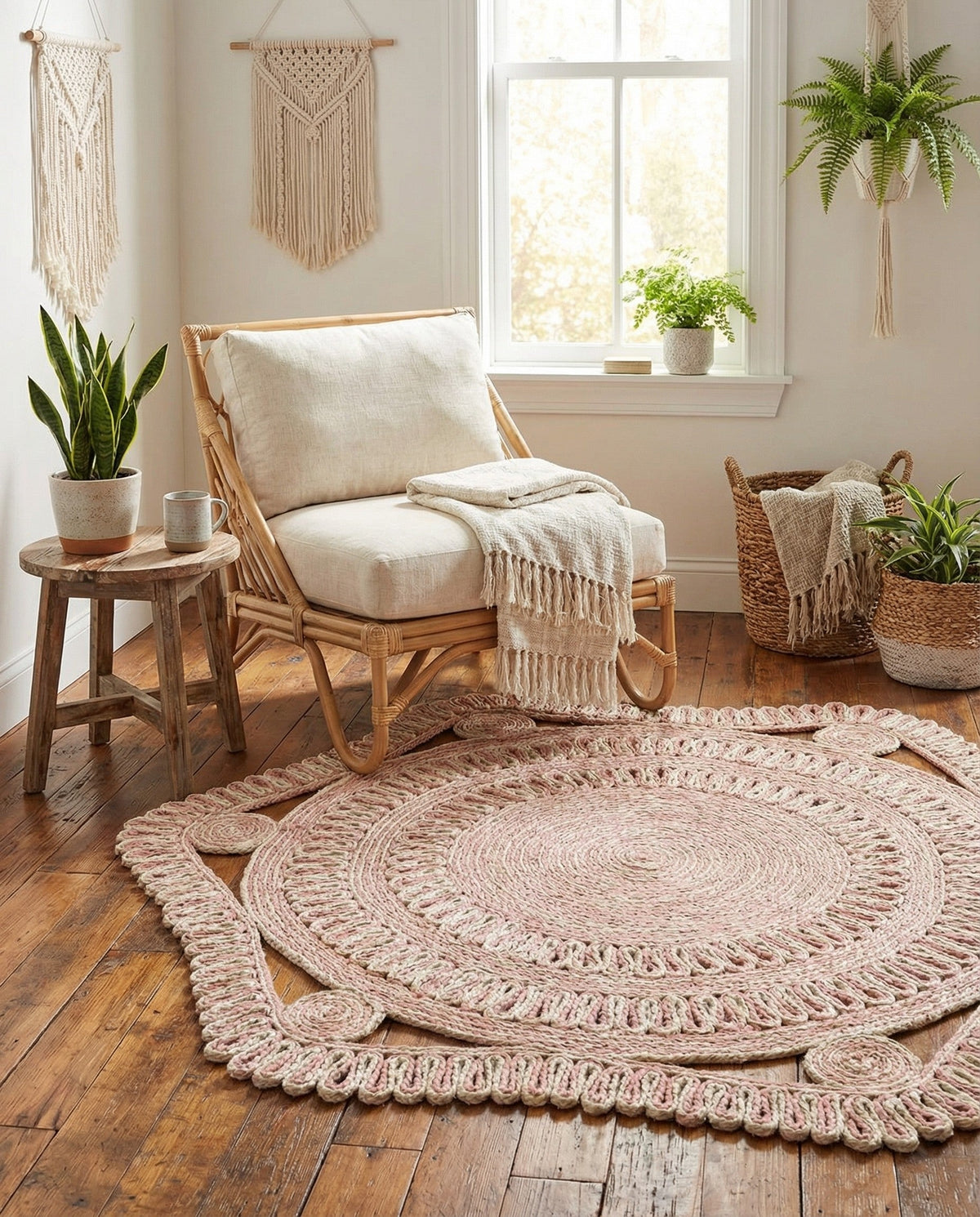 Woven Seaside Jute Collection Area Rug - Nantucket Round Pink and White  lifestyle 30