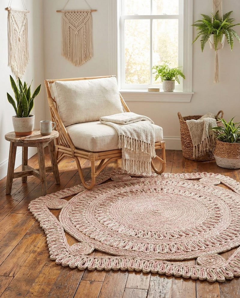 Woven Seaside Jute Collection Area Rug - Nantucket Round Pink and White  lifestyle 30