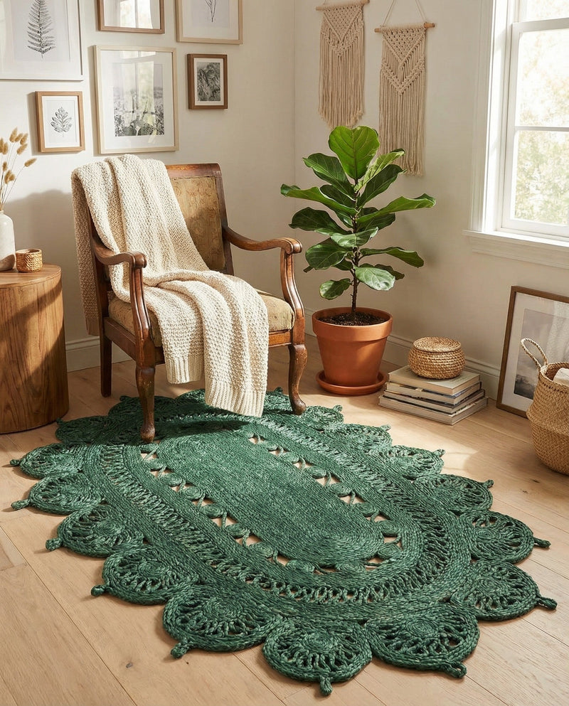 Woven Seaside Jute Collection Area Rug - Coastalhaven (Hunter Green) Oval Hunter Green  lifestyle 24