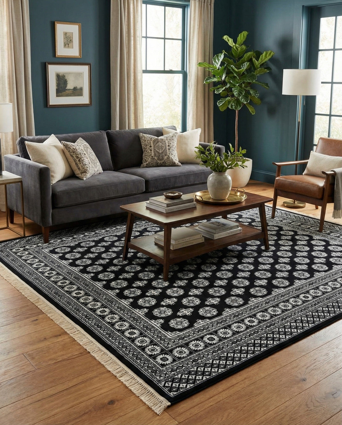 Samarkand Elegance Collection Area Rug -  Margilan (Black and White) Square Black and White  lifestyle 93