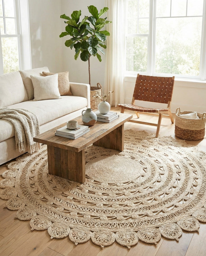 Woven Seaside Jute Collection Area Rug - Coastalhaven (Ivory) Round Ivory  lifestyle 34