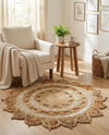 Woven Seaside Jute Collection Area Rug - Coastalhaven (Natural and White) Round Natural and White  lifestyle 14