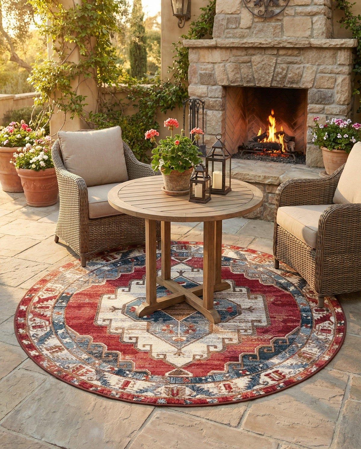Patio Heritage Collection Area Rug -  Alcove Round Red and Navy Blue  lifestyle 84