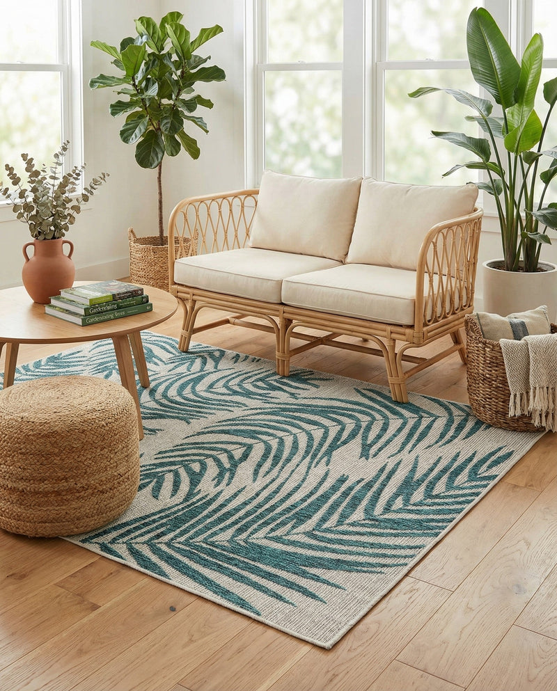 Seaside Blooms Collection Area Rug - Verdure (Teal Ivory) Rectangle Teal Ivory  lifestyle 7