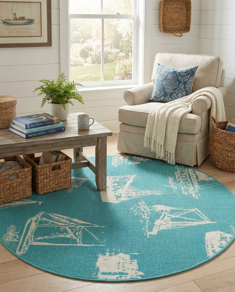 Seaside Haven Rugs Collection Area Rug -  Beachcomber Round Teal  lifestyle 60
