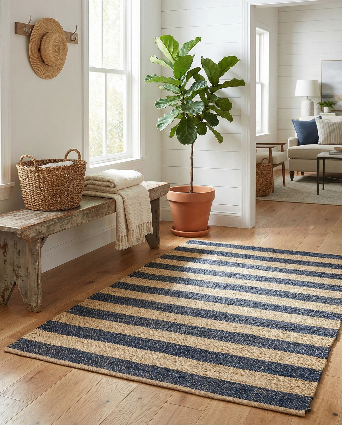 Woven Seaside Jute Collection Area Rug - Nantucket Rectangle Navy Ivory  lifestyle 31