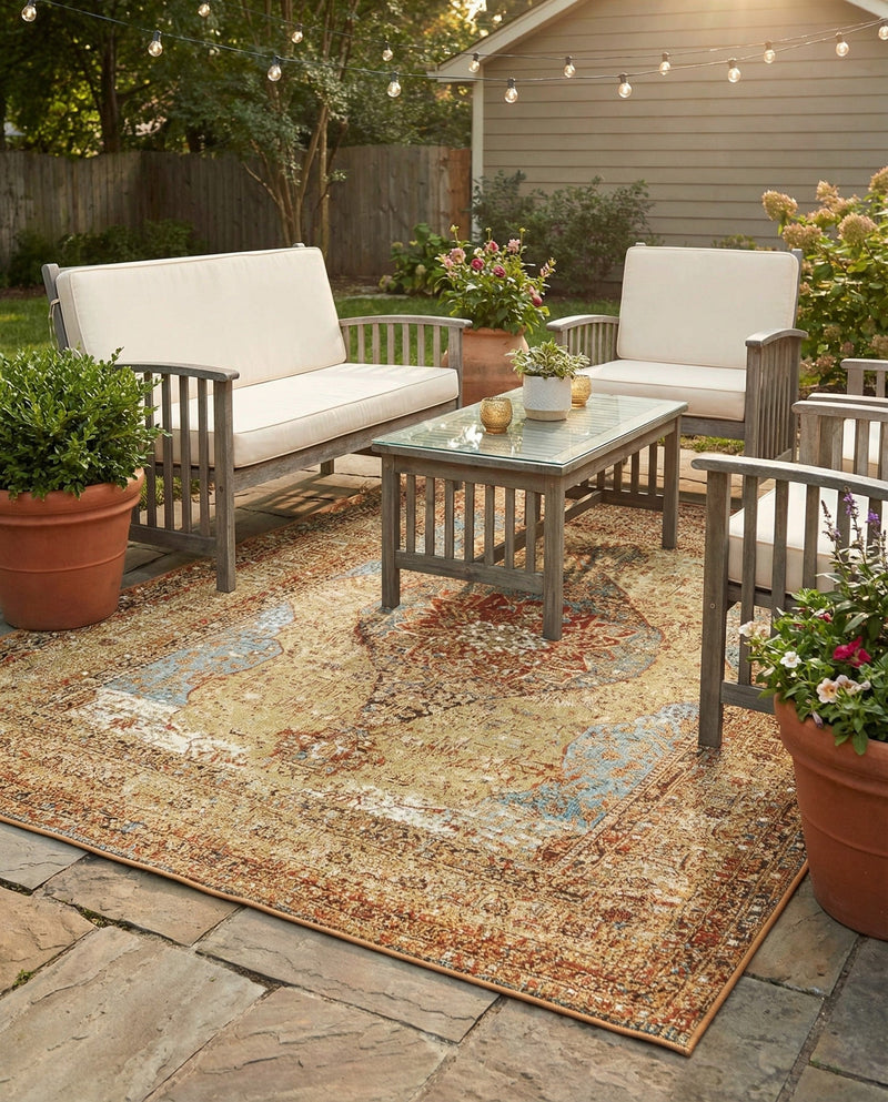 Patio Heritage Collection Area Rug -  Pergola Rectangle Blue and Light Brown  lifestyle 19