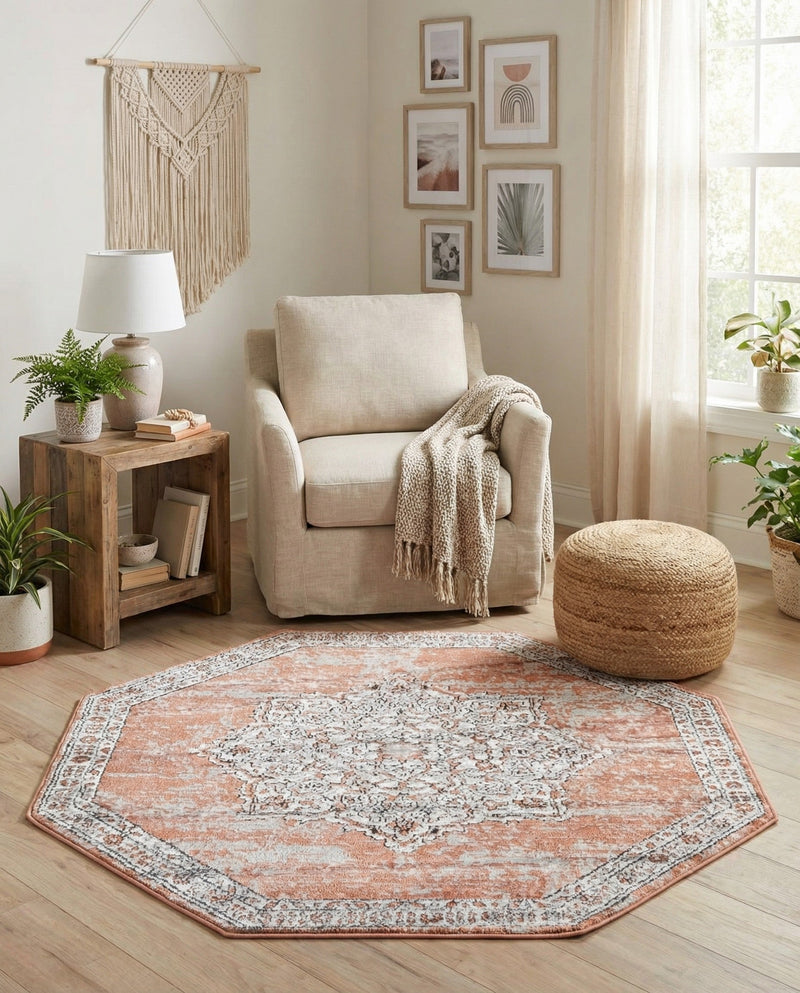 Mykonos Manor Collection Area Rug -  Tinos (Salmon Pink) Octagon Salmon Pink  lifestyle 59