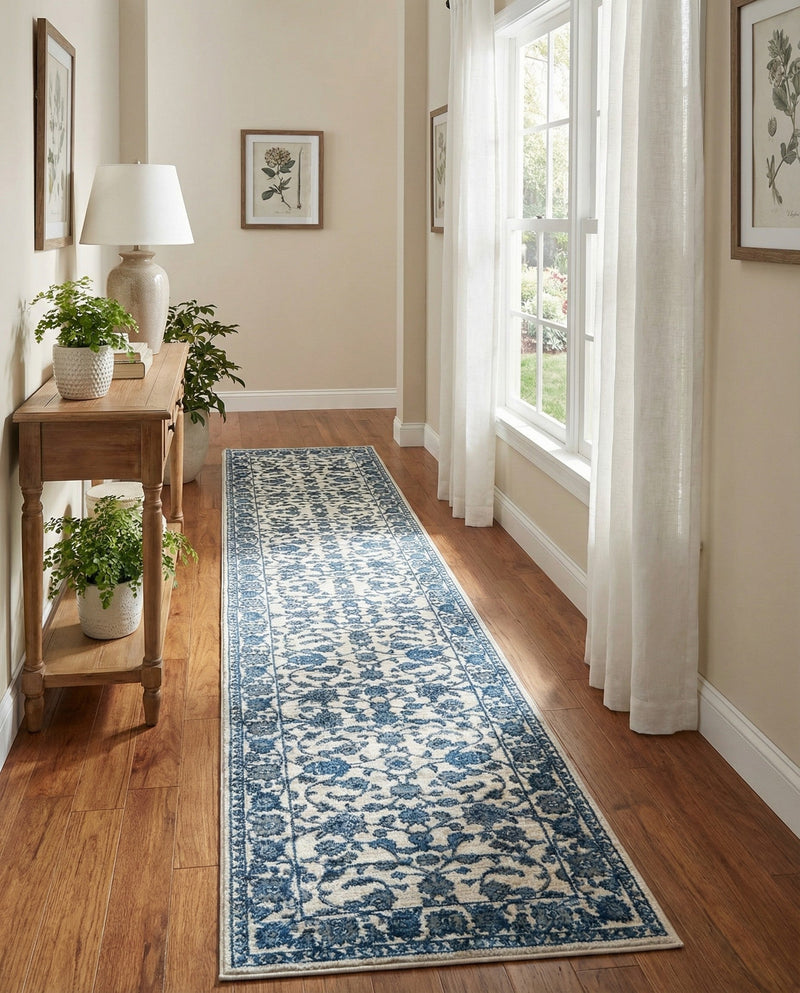 Charleston Elegance Collection Area Rug -  Seaport (White Blue) Runner White Blue  lifestyle 46