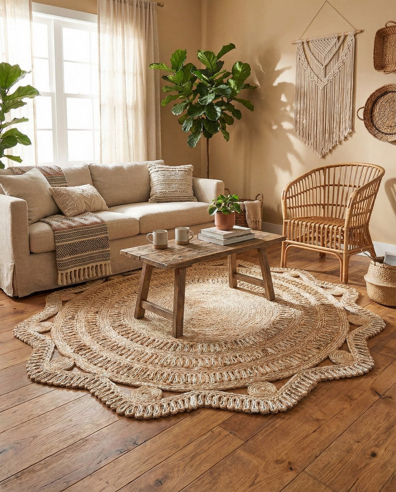 Woven Seaside Jute Collection Area Rug - Nantucket Round Natural and White  lifestyle 31