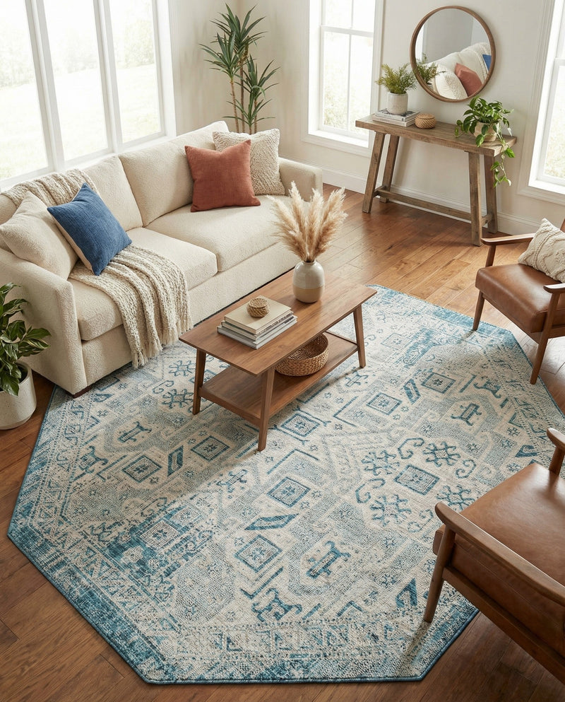 Tribal Terrace Treasures Collection Area Rug - Mayan Marina (Teal) Octagon Teal  lifestyle 34