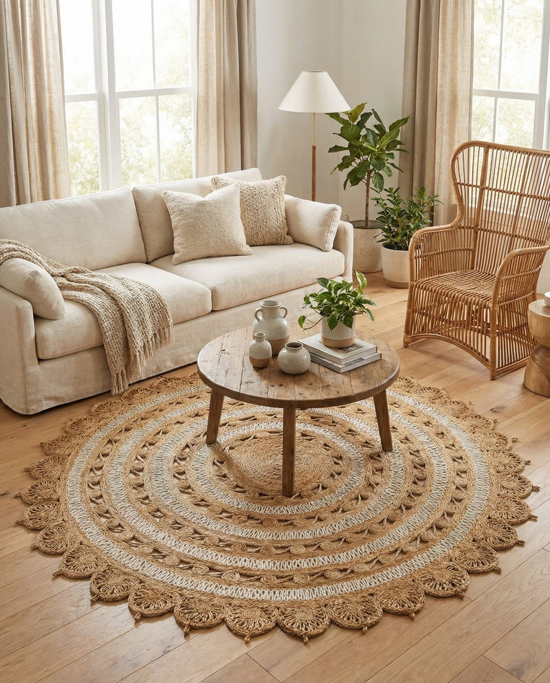 Woven Seaside Jute Collection Area Rug - Coastalhaven (Natural and White) Round Natural and White  lifestyle 34