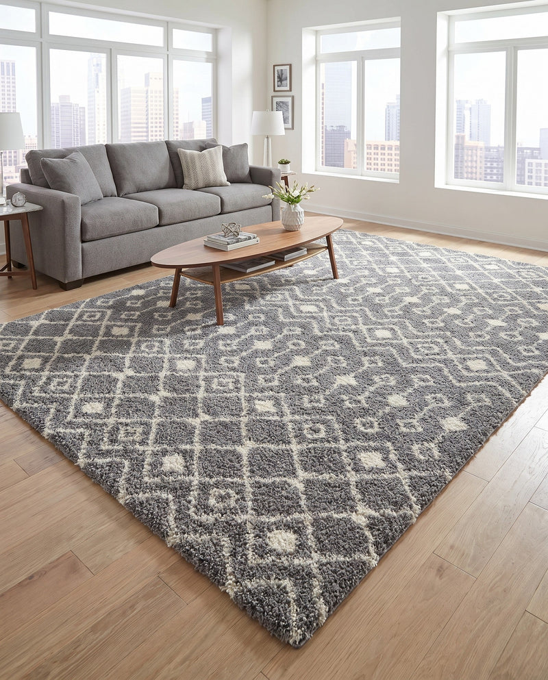 Berber Lattice Shag Collection Area Rug - Atlas (Gray) Rectangle Gray  lifestyle 13