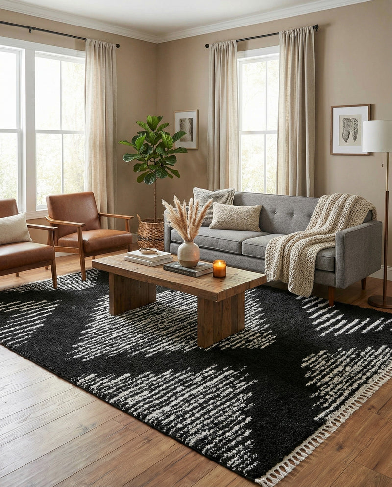 Tranquil Tides Shag Collection Area Rug -  Azure Rectangle Black and White  lifestyle 22