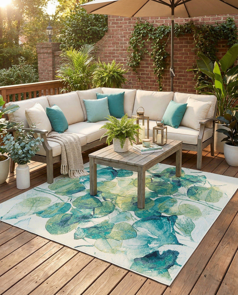 Seaside Blooms Collection Area Rug -  Flora Square Blue Green  lifestyle 43