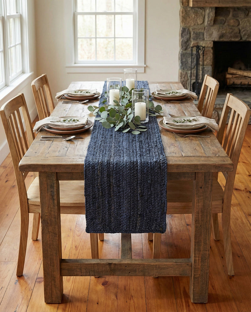 Woven Seaside Jute Collection Area Rug - Savannah (Navy Blue) Table Runner Navy Blue  lifestyle 55