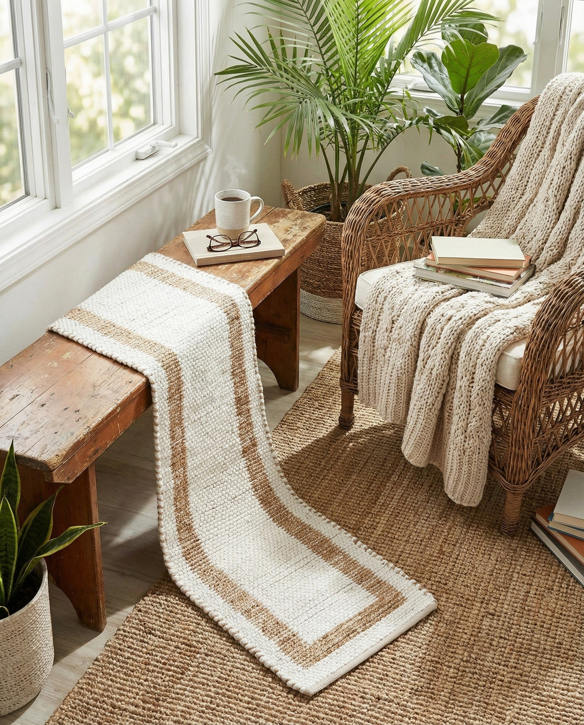 Osian Looms Collection Area Rug - Durham Table Runner White and Natural  lifestyle 189