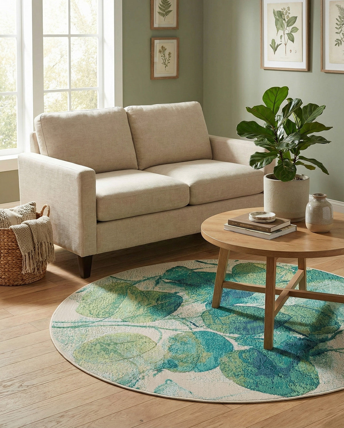 Seaside Blooms Collection Area Rug -  Flora Round Blue Green  lifestyle 94