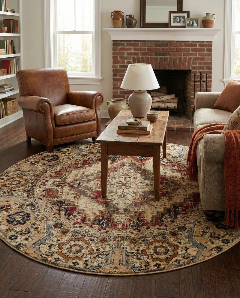 Neptune Elegance Collection Area Rug -  Naiad Round Burgundy Beige  lifestyle 66