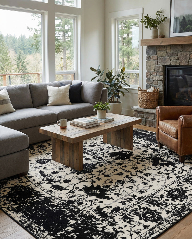 Cascade Range Collection Area Rug -  Shasta (Black and White) Square Black and White  lifestyle 66