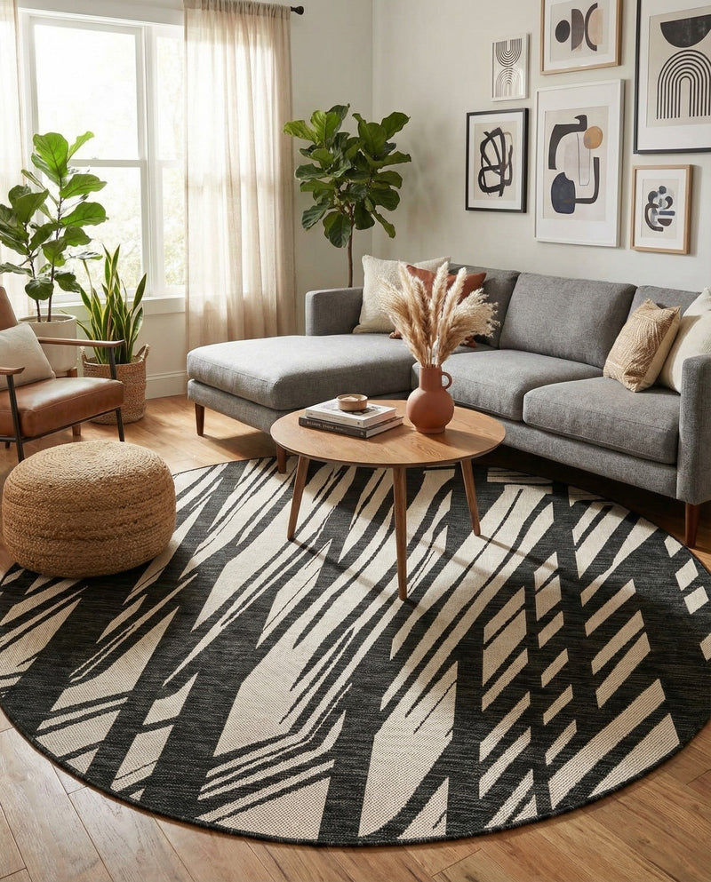 Urban Terrace Collection Area Rug -  Queens Round Black and White  lifestyle 73