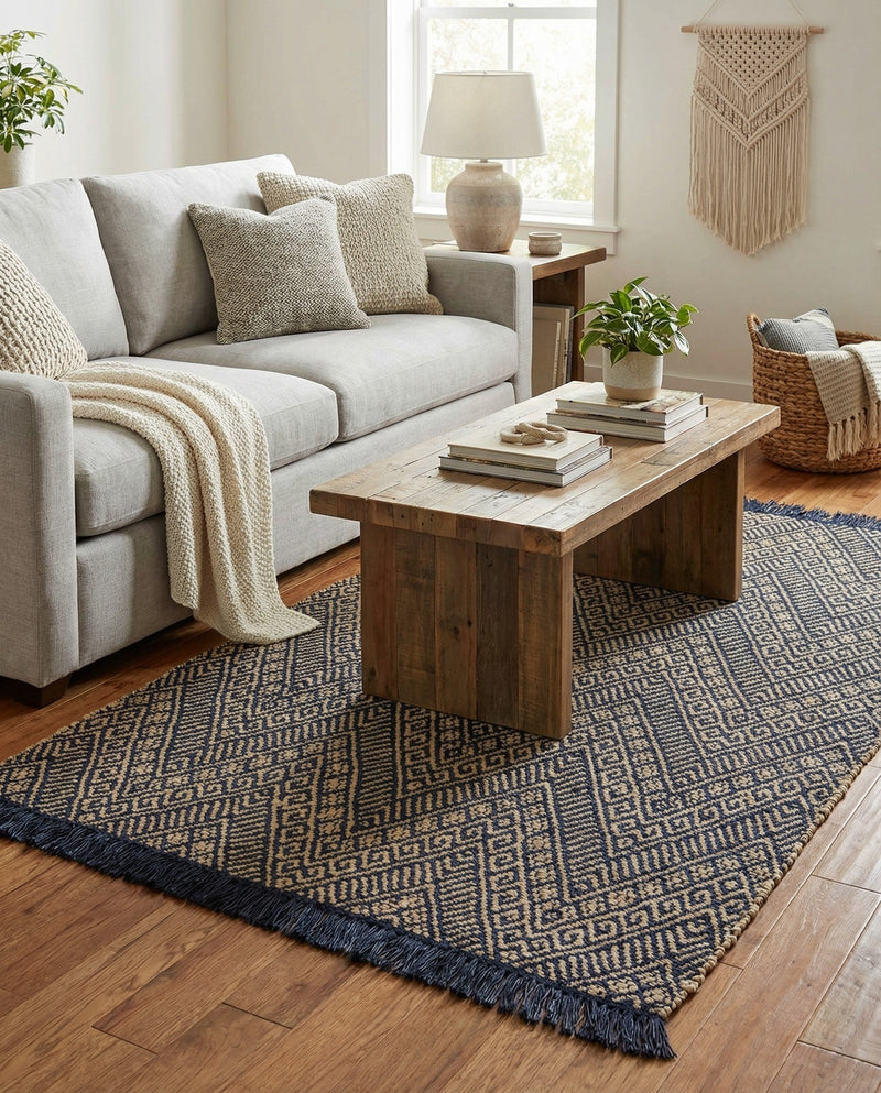 Woven Seaside Jute Collection Area Rug - Oia Rectangle Navy Blue and White  lifestyle 34