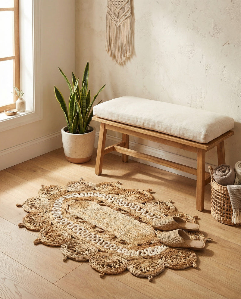 Woven Seaside Jute Collection Area Rug - Coastalhaven (Natural and White) Oval Natural and White  lifestyle 22