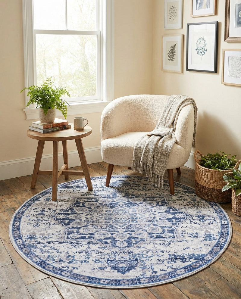 Baroque Era Collection Area Rug - Versailles (Gray Blue) Round Gray Blue  lifestyle 74