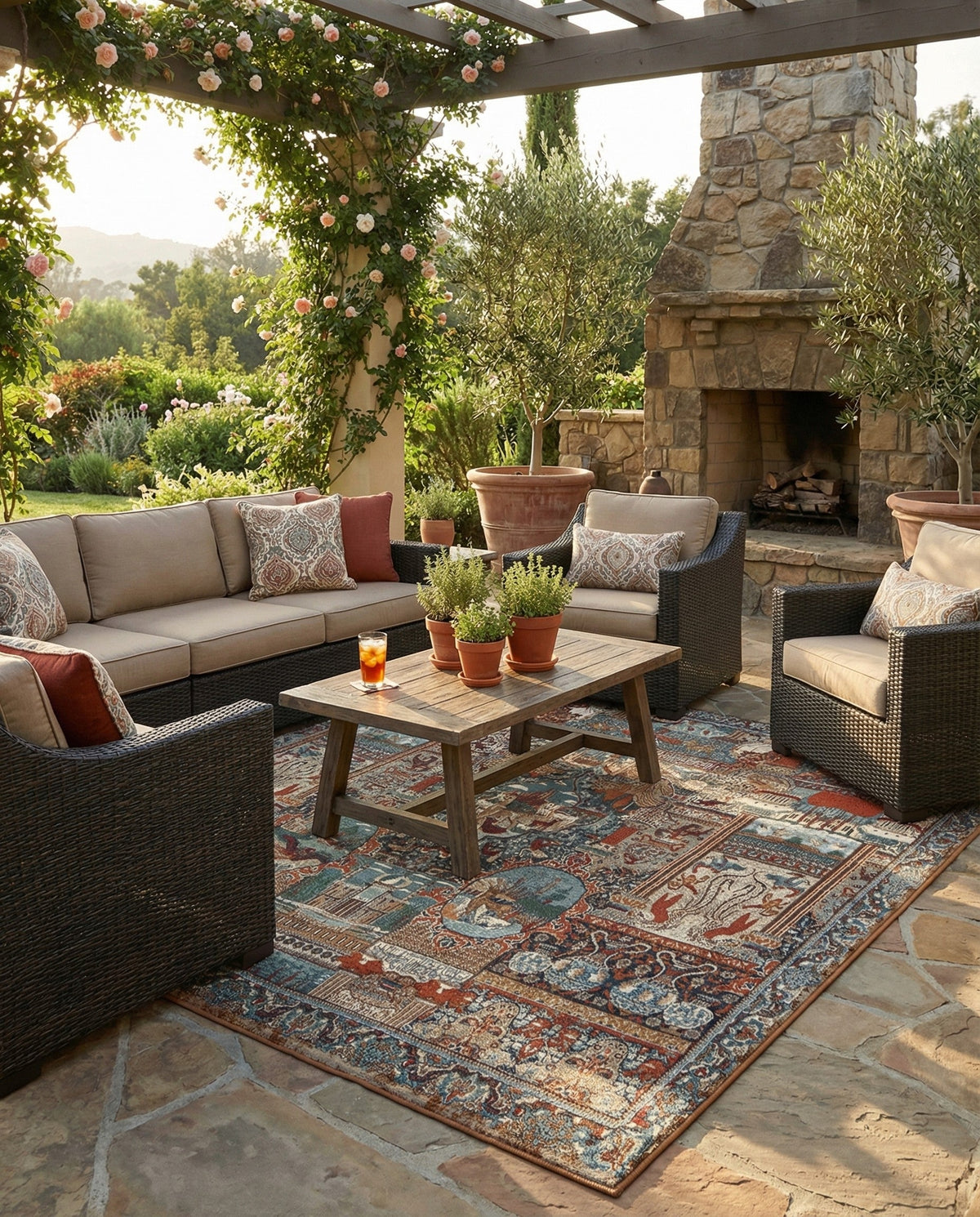 Patio Heritage Collection Area Rug -  Oasis Square Multi  lifestyle 96