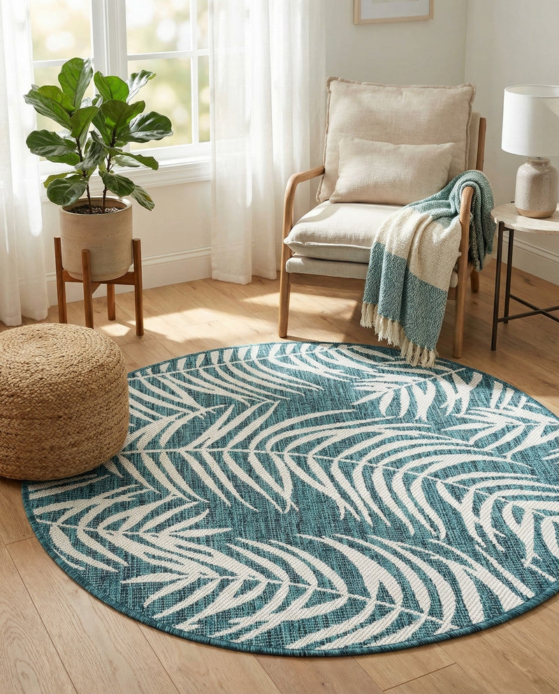 Seaside Blooms Collection Area Rug - Verdure (Teal) Round Teal  lifestyle 66
