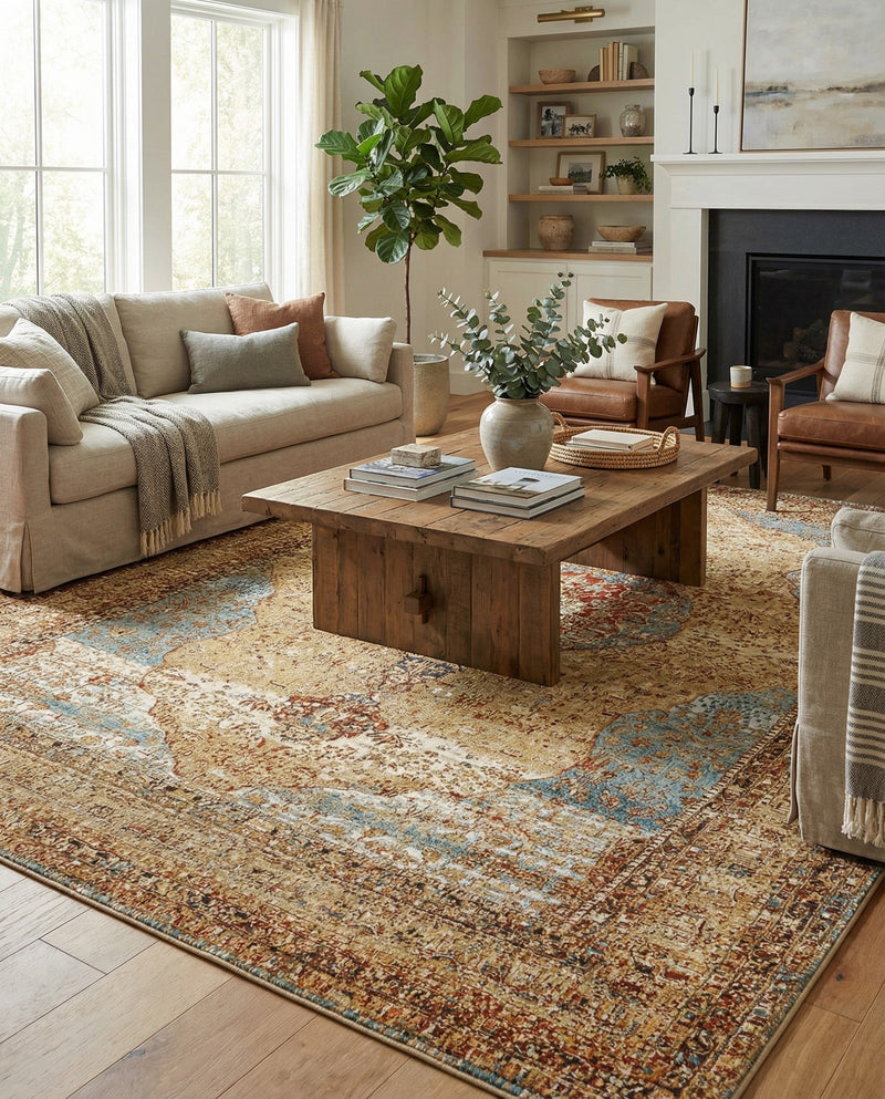 Patio Heritage Collection Area Rug -  Pergola Rectangle Blue and Light Brown  lifestyle 11