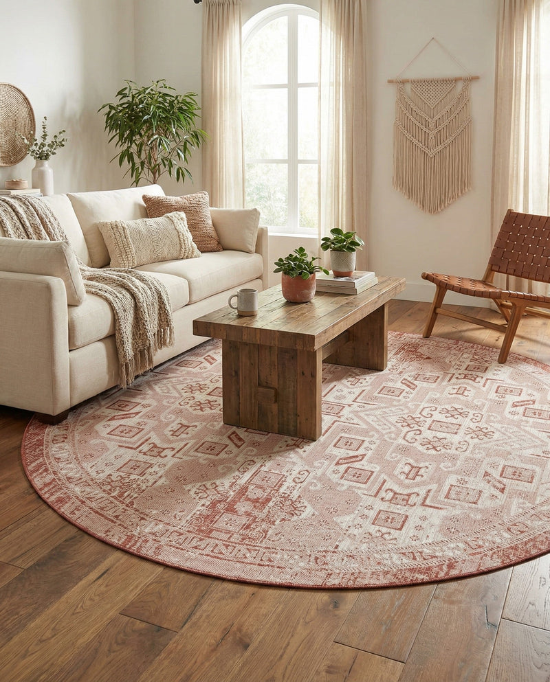 Tribal Terrace Treasures Collection Area Rug - Mayan Marina (Rust Red) Round Rust Red  lifestyle 24