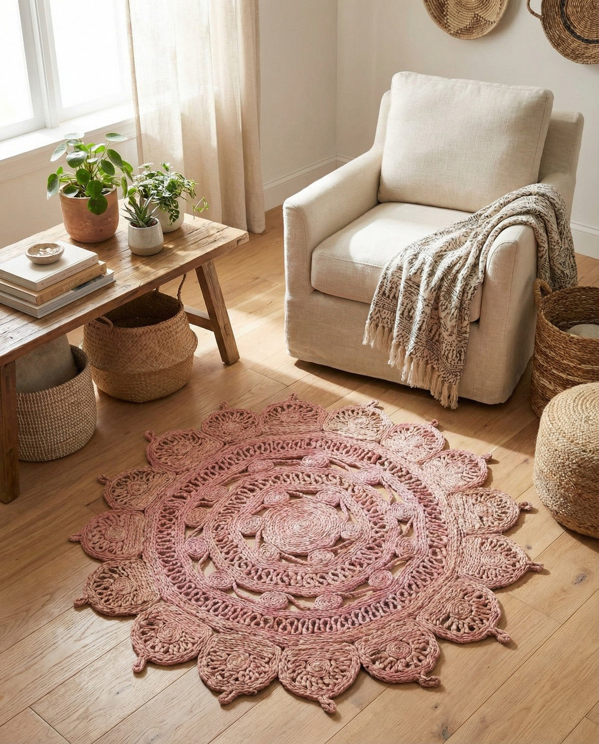 Woven Seaside Jute Collection Area Rug - Coastalhaven (Pink) Round Pink  lifestyle 21