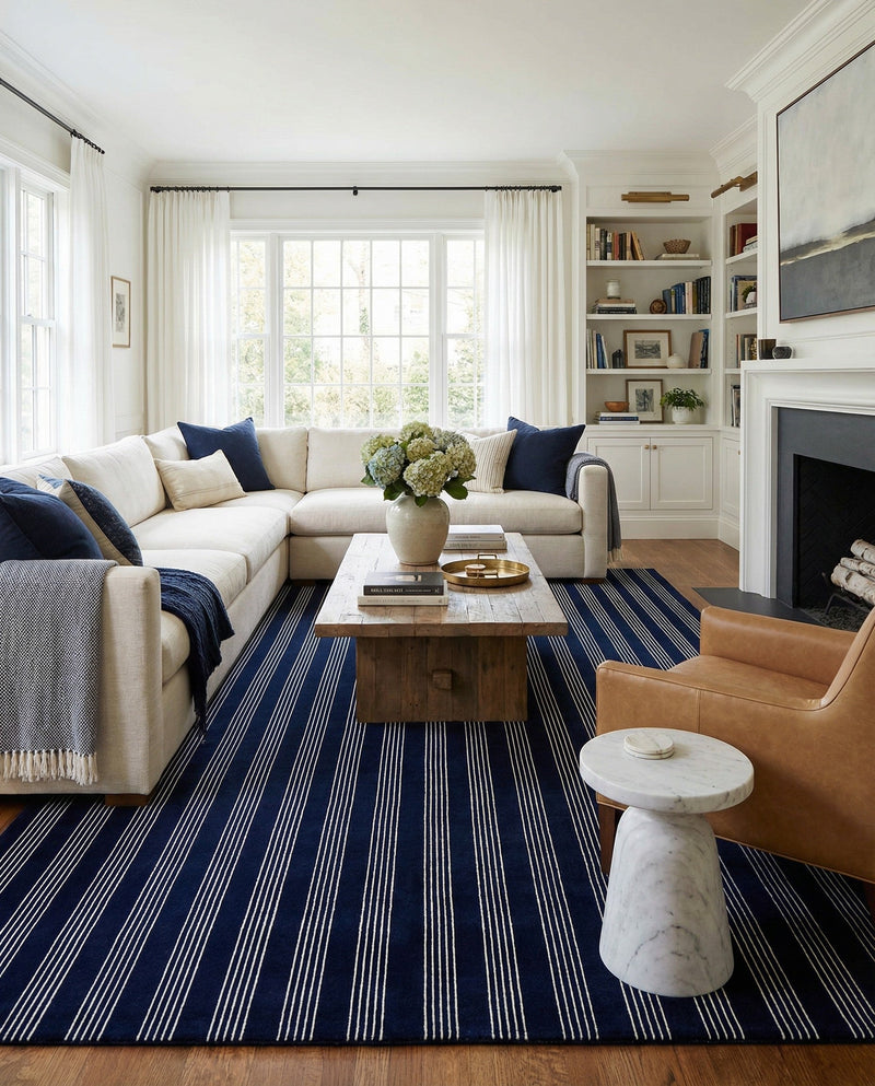 Hampton Stripes Wool Collection Area Rug - Montauk Rectangle Cobalt Blue  lifestyle 29