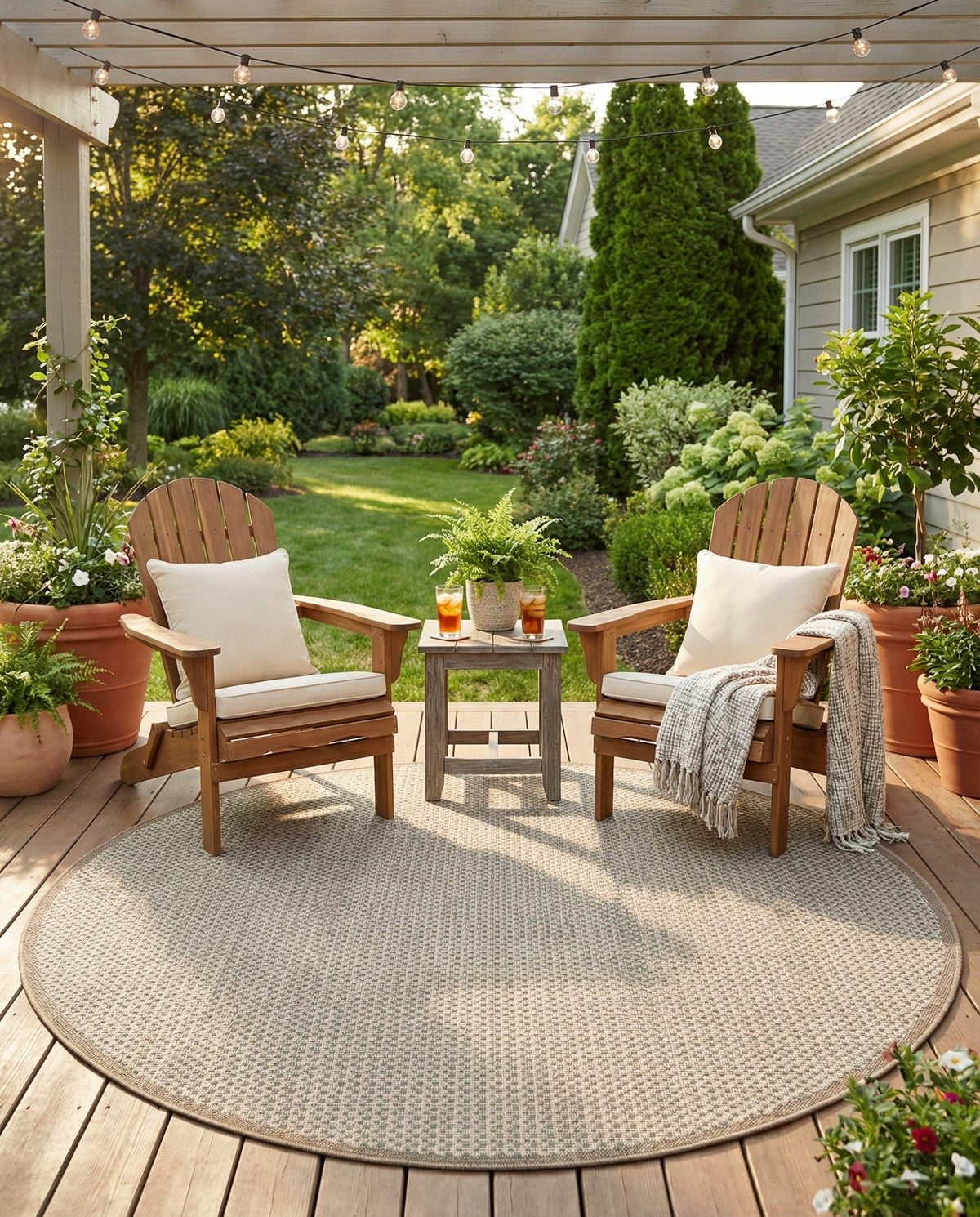 Terrace Fringe Collection Area Rug - Patio Round Beige  lifestyle 118