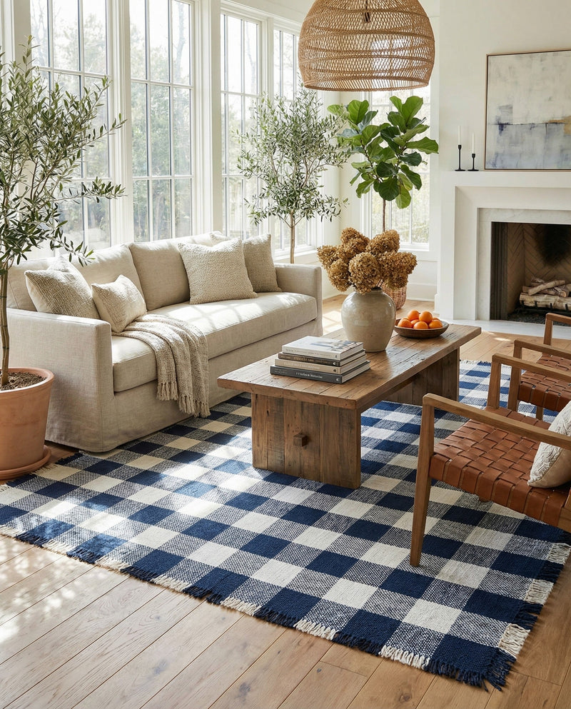 Sustainable Grid Indoor-Outdoor Oasis Collection Area Rug - Savannah Rectangle Navy Blue  lifestyle 34
