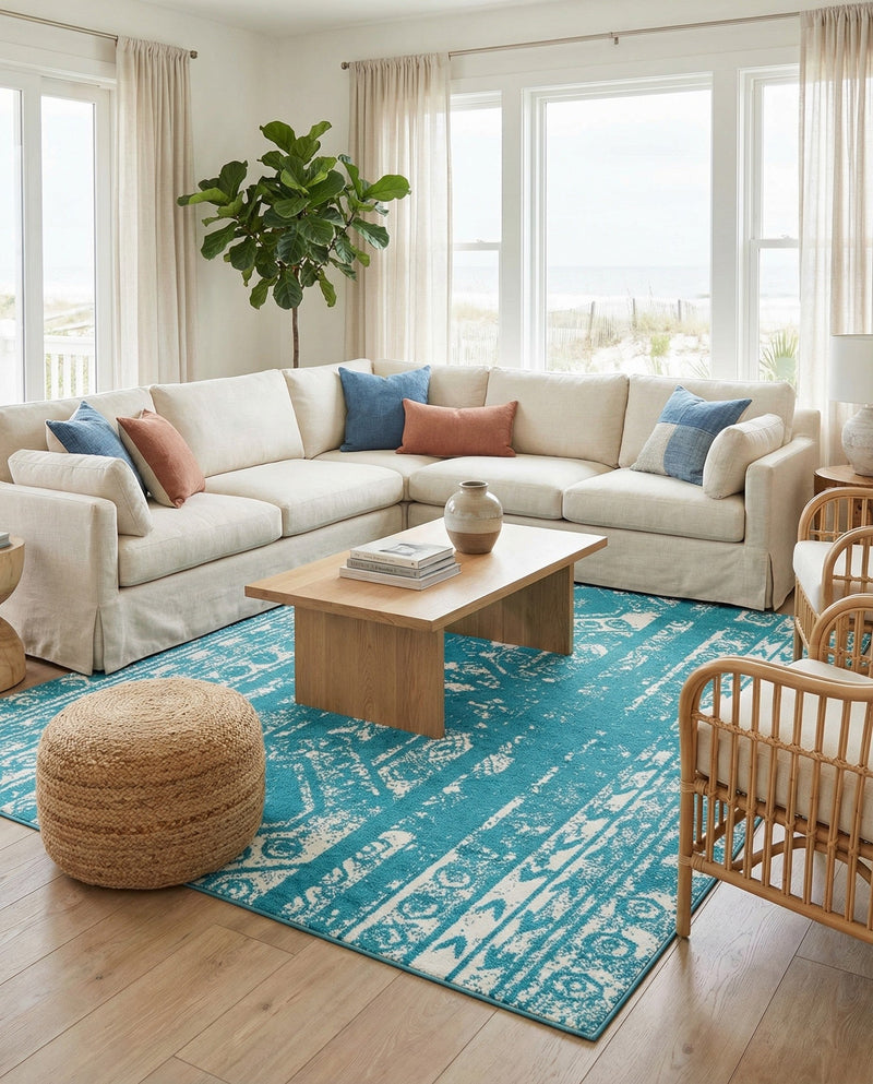Brighton Stripes Collection Area Rug - Sussex (Turquoise) Rectangle Turquoise  lifestyle 7