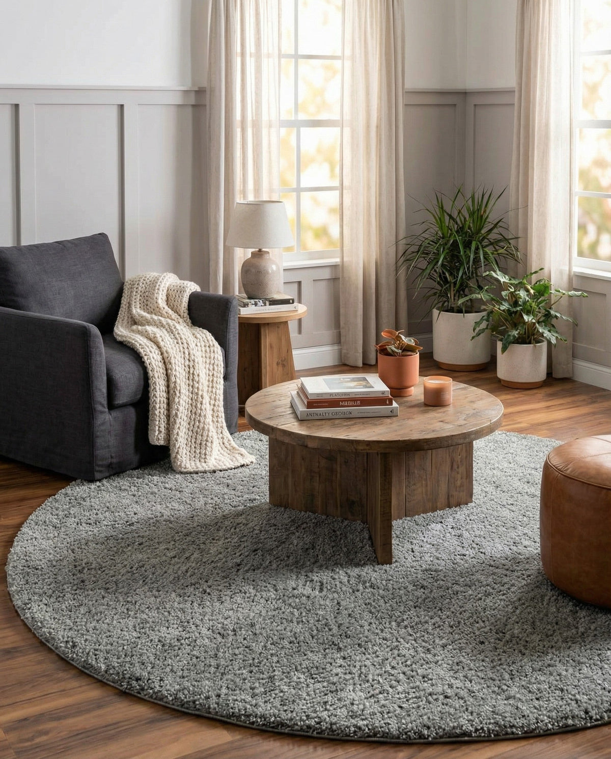 Cozy Comfort Shag Collection Area Rug - Haven (Cloud Gray) Round Cloud Gray  lifestyle 42