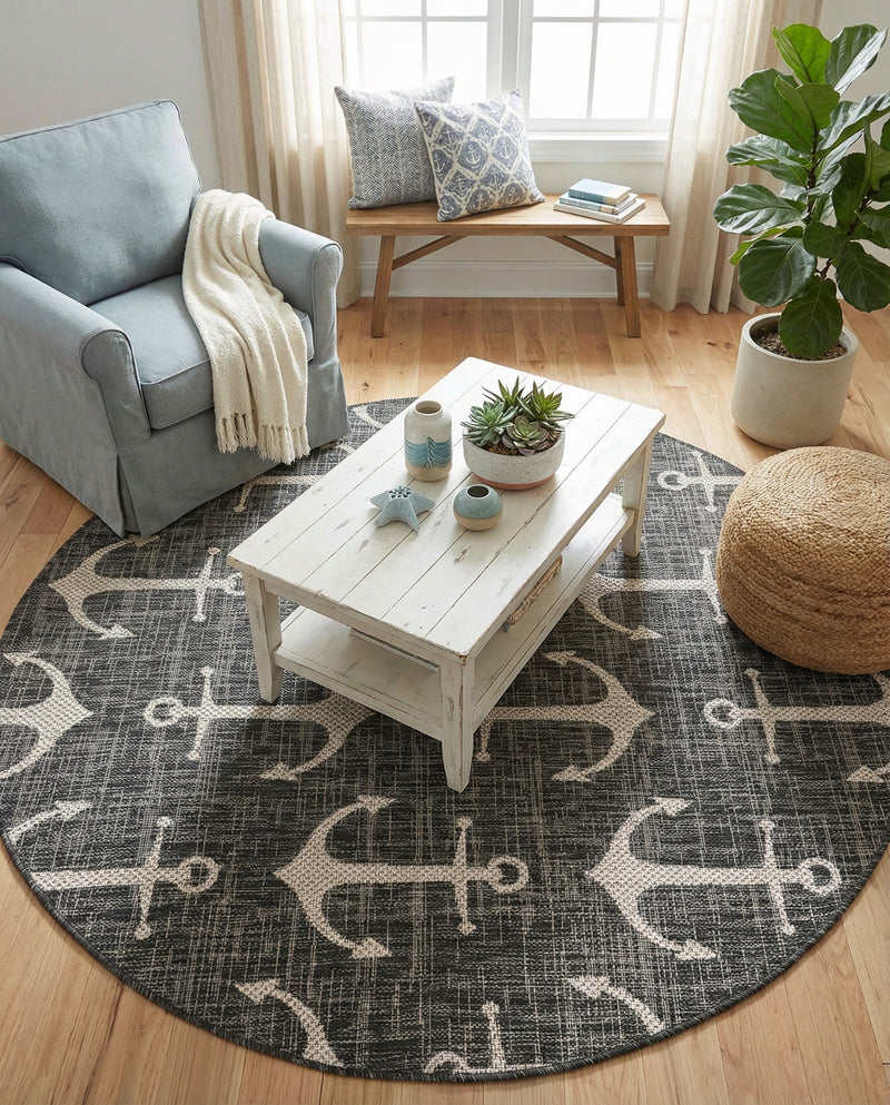 Seaside Haven Rugs Collection Area Rug - Sapphire (Charcoal) Round Charcoal  lifestyle 34