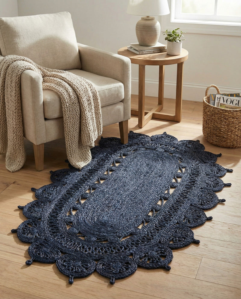 Woven Seaside Jute Collection Area Rug - Coastalhaven (Navy Blue) Oval Navy Blue  lifestyle 21
