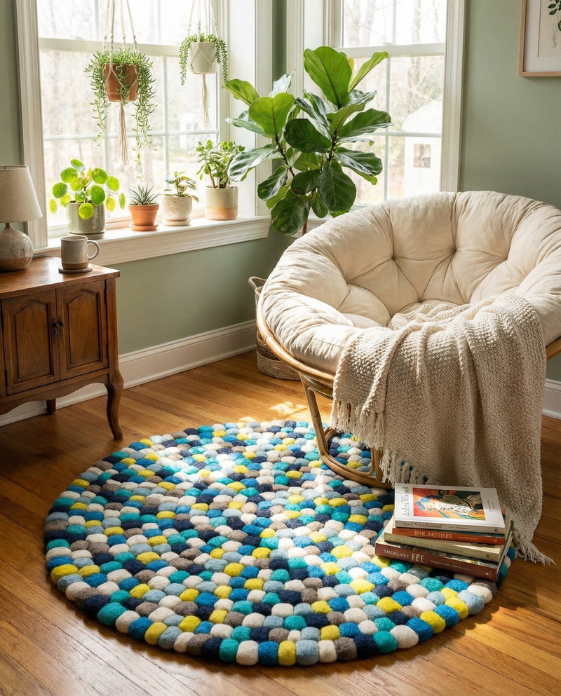 Woolen Sphere Collection Area Rug - Orbsburg (Blue) Round Blue  lifestyle 45