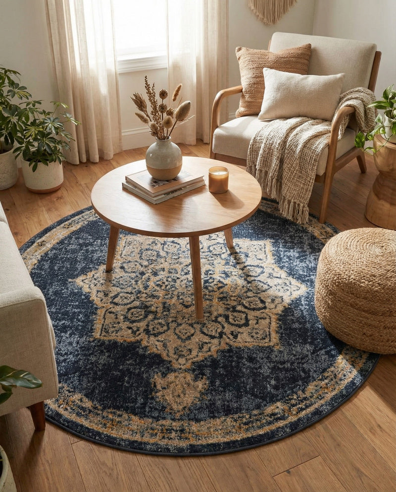 Eden Oasis Collection Area Rug -  Tranquility (Navy Blue) Round Navy Blue  lifestyle 59