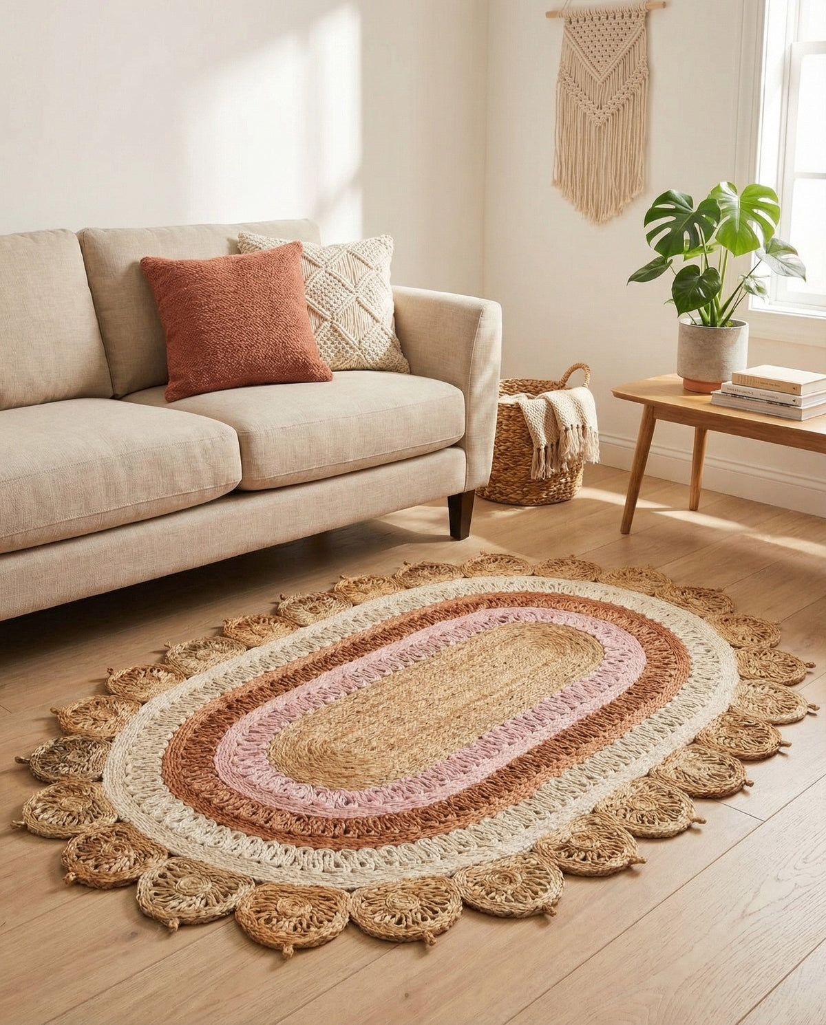 Woven Seaside Jute Collection Area Rug - Coastalhaven (Natural White Orange Pink) Oval Natural White Orange Pink  lifestyle 28