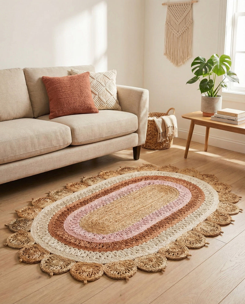 Woven Seaside Jute Collection Area Rug - Coastalhaven (Natural White Orange Pink) Oval Natural White Orange Pink  lifestyle 28