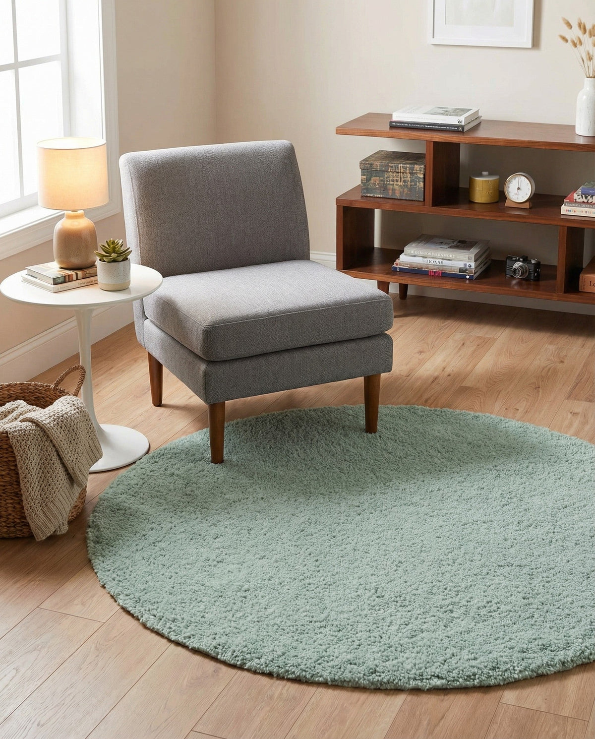 Cozy Comfort Shag Collection Area Rug - Haven (Sage Green) Round Sage Green  lifestyle 44